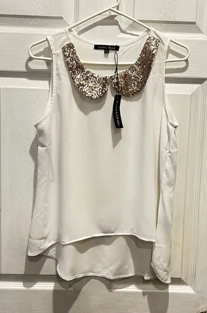 NWT Sweet Rain Womens White Sleeveless Sequin Peter Pan Collar High Low‎ Top L thumbnail 1
