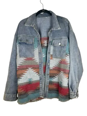 Women's Patchwork Denim Jacket Aztec Print Shacket Oversized Boho sz XS Blue thumbnail 1