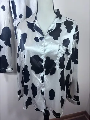 Satin Cow Animal Print 2-Piece Pajama Set Button Front Collared Black/White thumbnail 2
