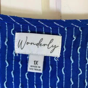 Wonderly‎ Womens 1X Royal Blue Textured Dashed V-Neck Button Front Ruffle Blouse thumbnail 2