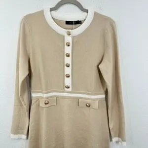 ZESICA‎ Preppy Ladylike Sweater Dress Medium Beige White Gold Buttons Mini NWT thumbnail 6