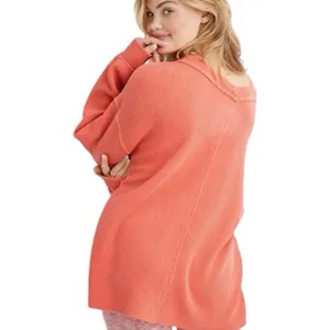 AERIE Wonder Textured V-Neck Sweatshirt Women Small Peach Waffle‎ Knit Oversized thumbnail 2