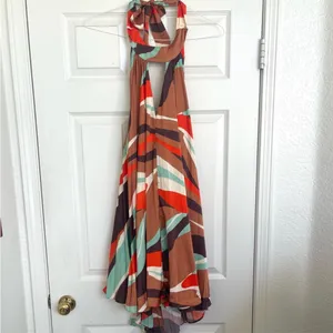 Anthropologie Hutch Halter‎ Pleated Swing Mini Dress Orange Blue Brown M NWT thumbnail 5