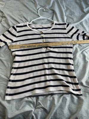 J. Crew Womens Waffle Thermal Henley Top Shirt Striped Blue Ivory Gold Button M thumbnail 9