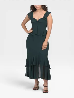 Show Me Your Mumu Reese Ruffle Emerald Green Satin Midi Dress XXS NWT thumbnail 2