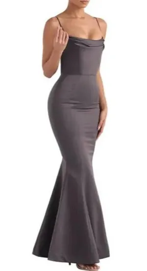 HOUSE OF CB Violette Satin Mermaid Gown in Dark Grey Size X-Small thumbnail 13