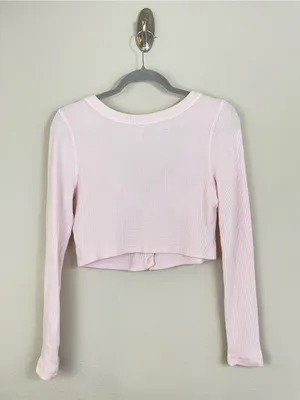 By Anthropologie Light Pink Long-Sleeve Waffle‎ Button-Front Crop Top Size XS thumbnail 7