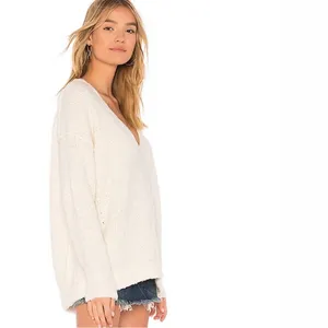 Free People Lofty Alpaca‎ Blend V Neck Ivory White Sweater Cozy Women's Medium thumbnail 3