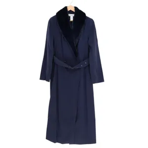 Naked Wardrobe The Statement Trench Coat Womens Large Navy Fur Trim Long Sleeve thumbnail 2