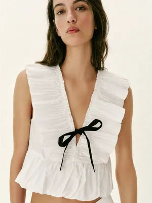 Zara White Ruffled Tie-Front Top Black Bow Coquette Size Small thumbnail 2