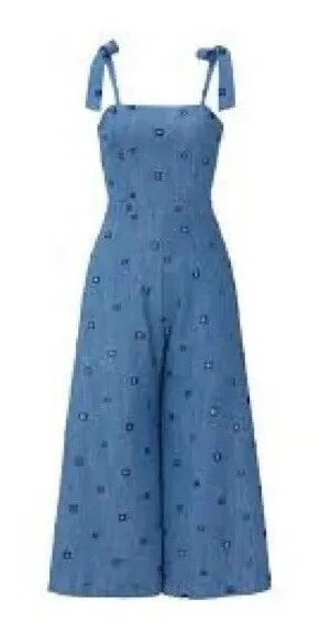 Hunter Bell Alex Denim Wide Leg Crop Jumpsuit Tie Straps With Side Zip‎ Size 0 thumbnail 1