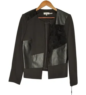 Calvin Klein Faux Leather Panel Open Front Blazer Textured Black‎ Size 8 thumbnail 1
