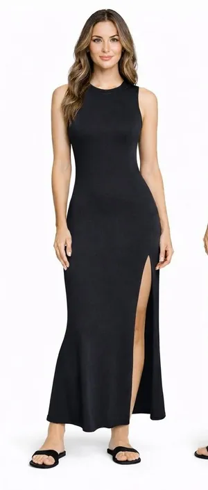 Hearts Black Sleeveless Mock‎ Neck Side Slit Maxi Dress Size Large thumbnail 1