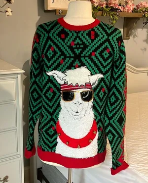 Christmas Jolly Sweater Llama Jingle Bell Green Red Sequins Ugly Oversized thumbnail 3