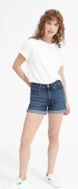 Everlane Classic Vintage Dark Blue Wash Raw Hem Mid-Rise Relaxed Denim Shorts thumbnail 1