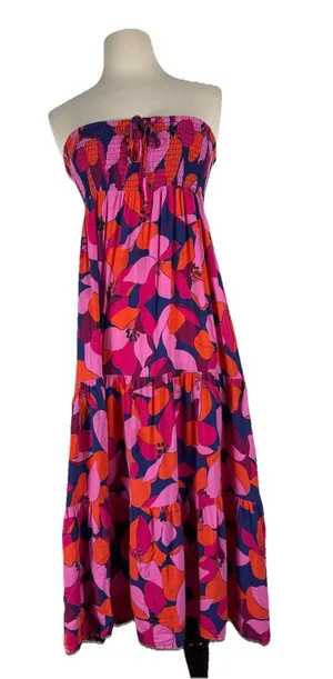 Abel The Label Floral Smocked Tiered Maxi Dress Medium Pink Tropical Coastal thumbnail 1