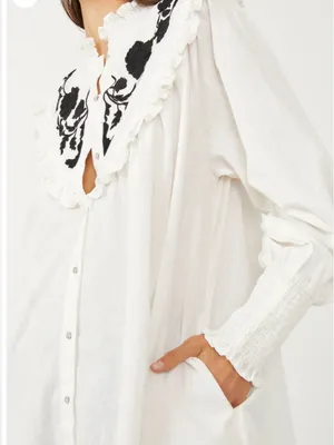 Free People White Button-Front Blouse with Black Floral Embroidery thumbnail 2