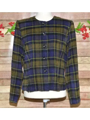 R&K Originals Womens 8 Plaid Jacket Navy Olive Acrylic Dark Academia Preppy thumbnail 2