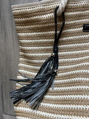 Rip Curl Beige and White Striped Rope Tote with Black Tassel thumbnail 3