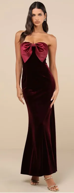 Lulus Dramatic Stunner Burgundy Velvet Bow Strapless Maxi Dress thumbnail 1