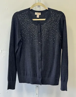 Loft Outlet Gray Rhinestone Embellished Cotton Cardigan Sweater Medium Holiday thumbnail 1