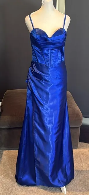 Women’s Blue Full Length Prom Dress CrissCross Straps Leg Slit Size 6 *READ thumbnail 1
