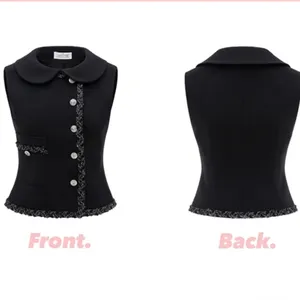 Luxury Navy Blue Gold Buttoned Formal Vintage Tweed Babydoll Slim Blazer Vest thumbnail 4