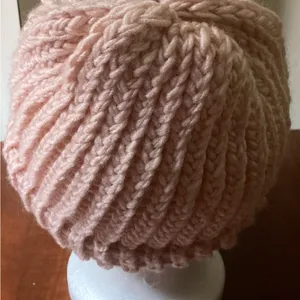 Handmade light pink knit beanie hat for adults thumbnail 4
