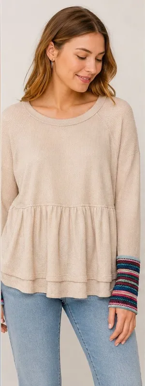 Umgee Boho Waffle Knit Babydoll Top Cream Embroidered Sleeve Medium thumbnail 1