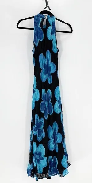 Vintage 90s Tessuto big blue tropical teal Floral Dress size S summer maxi thumbnail 1