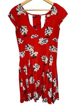 Abercrombie & Fitch Red White Floral Cutout Short Sleeve Mini Dress Womens Sz S thumbnail 1