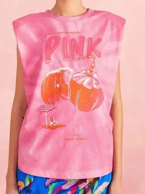 Farm Rio Pink Organic Cotton Tie Dye Coconut Shoulder Pad Slouchy Graphic Tee XS thumbnail 1