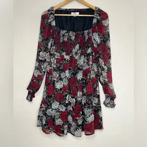 Jack by BB Dakota Floral Mini Dress Black Red Rose Smocked Y2K Coquette Sz S thumbnail 2