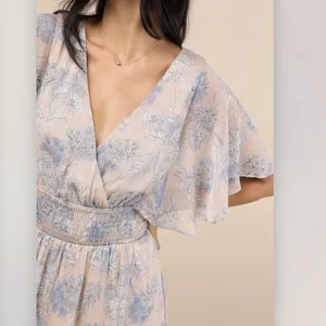 Lulus Subtle Romance‎ Beige Blue Floral Ruffle Flutter Sleeve Midi Dress Size XL thumbnail 3