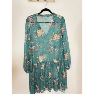 Anthropologie Maeve Emmy Teal Green Floral Printed Puff Sleeve Tunic Dress M thumbnail 5