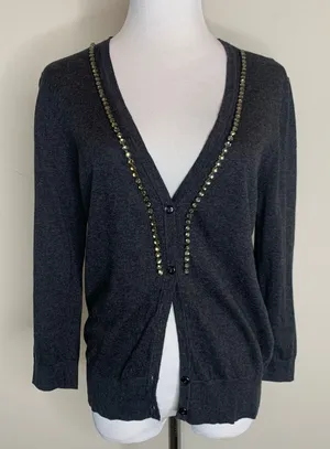 LOFT Gray Cardigan Rhinestone Trim Sz Medium thumbnail 1