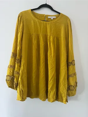 Loft Mustard Yellow Babydoll Peasant Blouse 14 Cottagecore Eyelet Embroidered thumbnail 1
