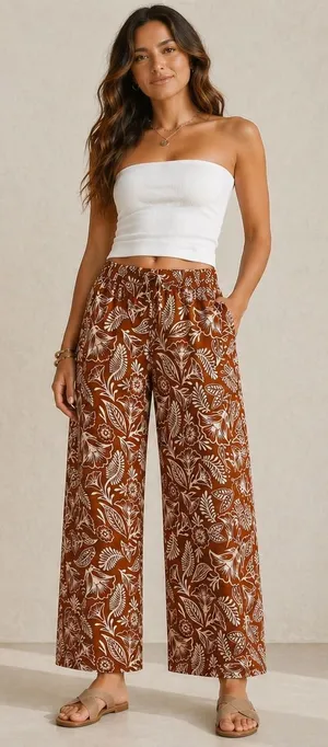 Latino Heritage Month Women's Brown White Floral‎ Print Wide Leg Pants Medium thumbnail 1