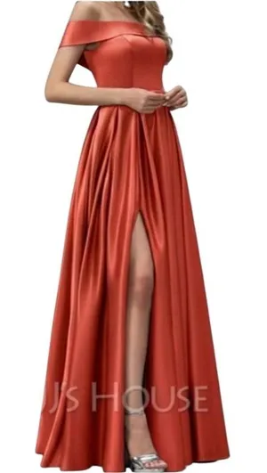 JJ House Ball-Gown/Princess Off the Shoulder Satin Dress in Papaya, Size 10 thumbnail 1