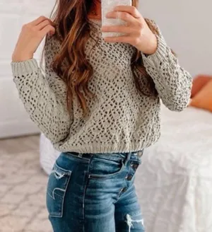 Anthropologie Moon & Madison Sage Green Crocheted Cropped Sweater thumbnail 1