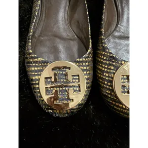 Tory Burch Reptile Embossed Reva Ballet Flats Metallic Gold Black 6 thumbnail 2