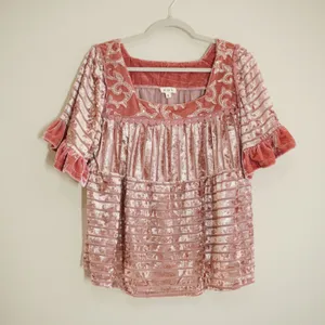 POL Size Small Pink Velvet Burnout Shirt Blouse Sequin Embroidered Ruffle Boho thumbnail 1