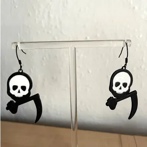 Grim Reaper Scythe Dangle Earrings Goth Spooky Halloween Skull Jewelry thumbnail 2
