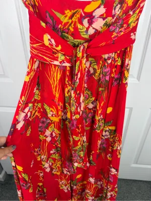 Free People Red Floral Wide Leg Pants Size M Boho High Rise Rayon thumbnail 4