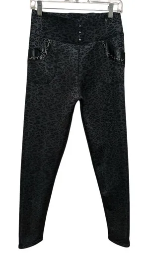 High Rise Black Bling Stud Animal Print Fleece Lined Pullon Pant thumbnail 1