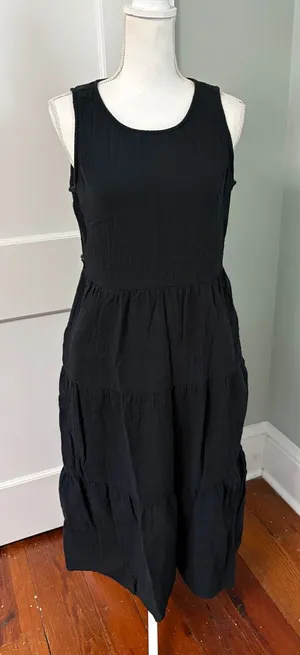 J. Crew Factory Black Sleeveless Tiered Midi Dress Gauzy Cotton Size 8 thumbnail 1
