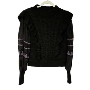 By Anthropologie Black Ruffle Cable-Knit Sweater Balloon‎ Sleeve Size Small thumbnail 2