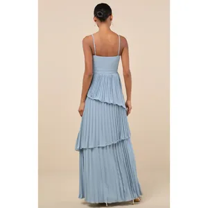 Lulus Jehona Dusty Blue Pleated Tiered Maxi Dress Long Formal A Line Small NWT thumbnail 3