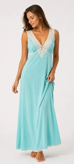 VTG Vanity Fair Nightgown 36 Aqua Blue Lace Maxi Dress 60s 70s USA Nylon thumbnail 1