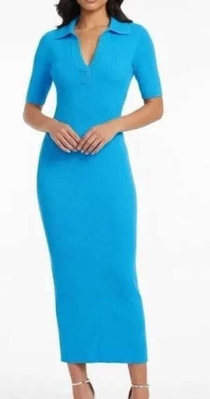 Caroline Constas Blue Knit Ribbed Crochet Collar Bodycon Dress Size S thumbnail 1